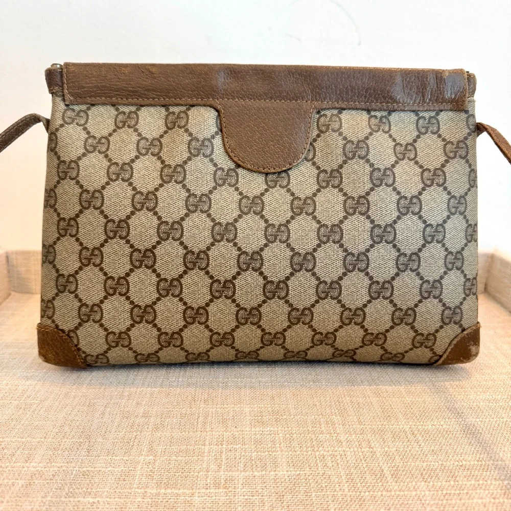 Gucci Vintage Crossbody Coated Canvas Shoulder Bag GG Monogram Leather Trim - Picture 6 of 17